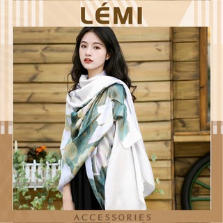  Khăn lụa chữ nhật 86x180cm Hoạ tiết hoa sen thục nữ Khăn lụa satin thắt nơ choàng cổ nhiều phong cách Lémi 