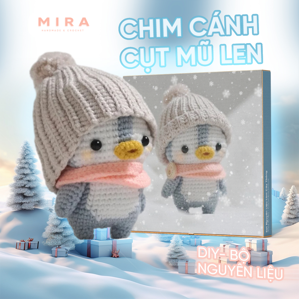 DIY - Set nguyên liệu móc len bé chim cánh cụt mũ len handmade, đồ thủ công dễ thương, bộ đan móc cho người mới