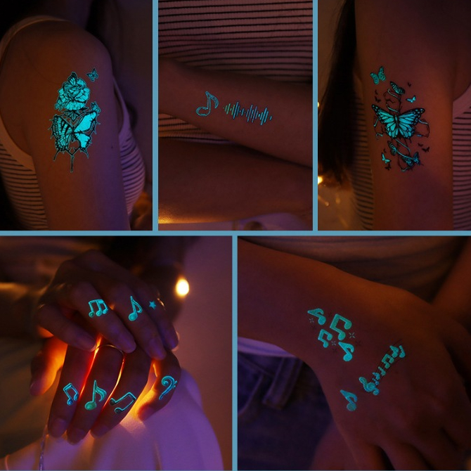 Hình xăm phát sáng | bộ collection hình bươm bướm | mẫu tattoo dạ quang phát sáng xanh | chống nước