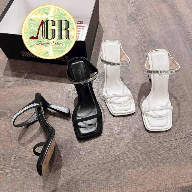 Cao gót 2 quai cắt phối đá xinh xắn gót nhọn cao 9 cm