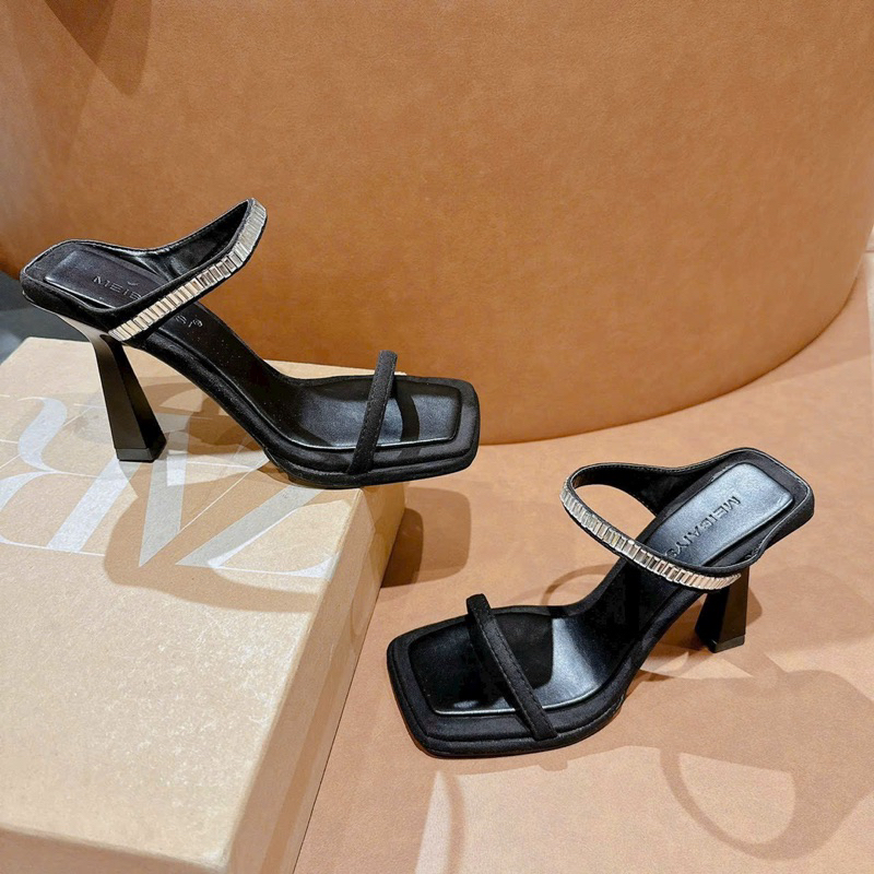 Cao gót 2 quai cắt phối đá xinh xắn gót nhọn cao 9 cm