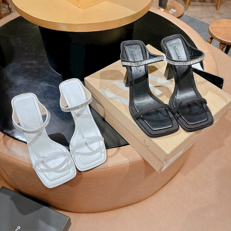 Cao gót 2 quai cắt phối đá xinh xắn gót nhọn cao 9 cm