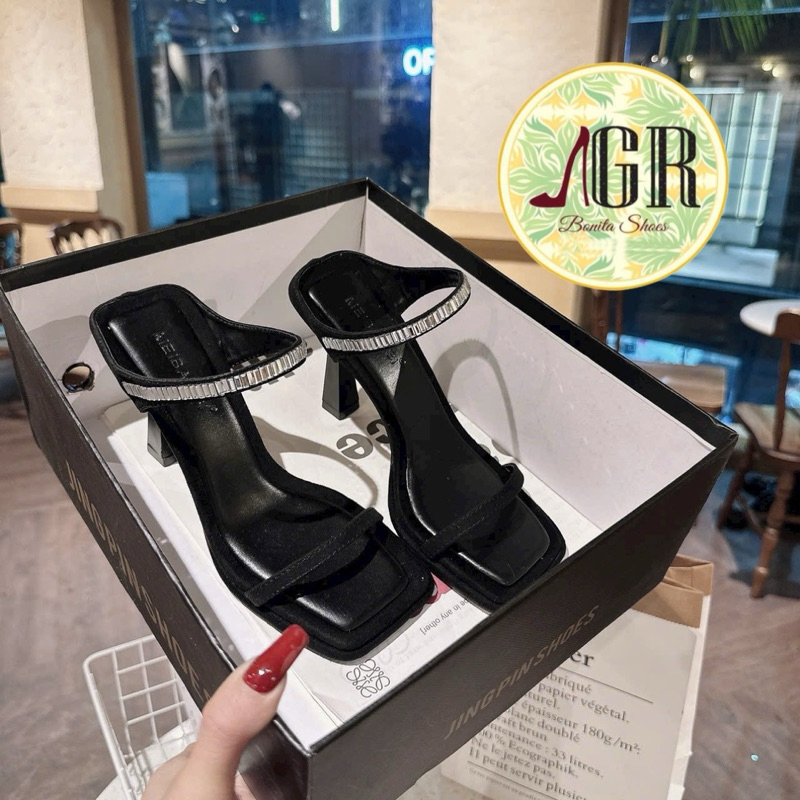 Cao gót 2 quai cắt phối đá xinh xắn gót nhọn cao 9 cm