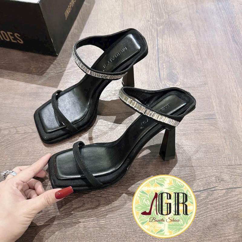 Cao gót 2 quai cắt phối đá xinh xắn gót nhọn cao 9 cm