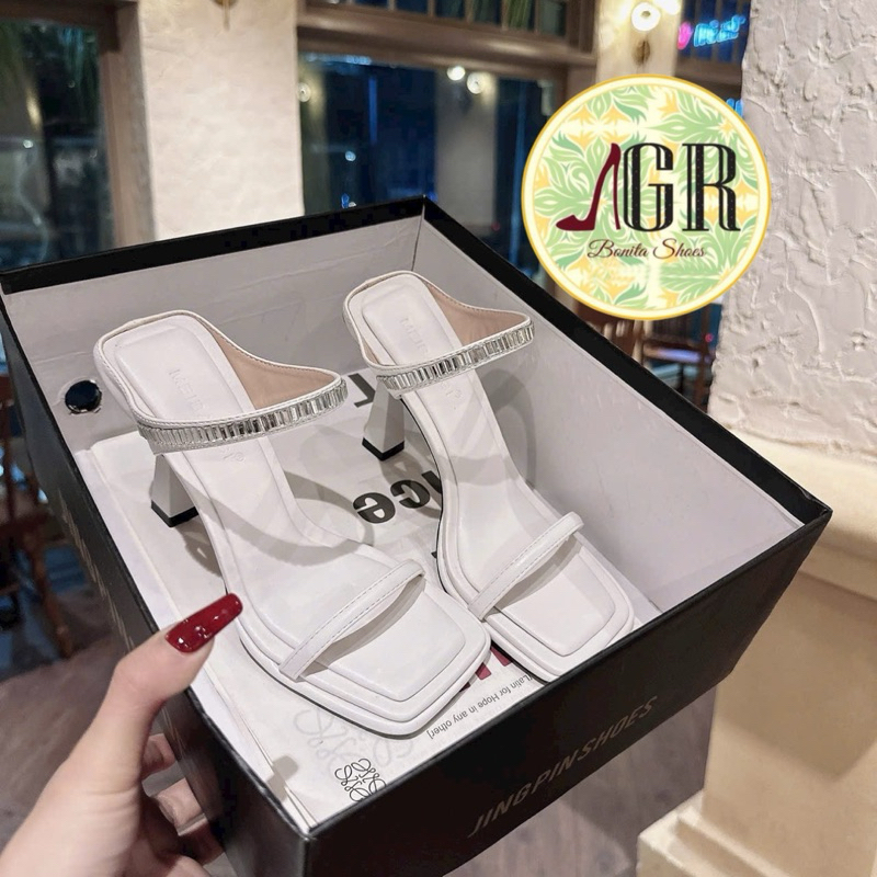 Cao gót 2 quai cắt phối đá xinh xắn gót nhọn cao 9 cm