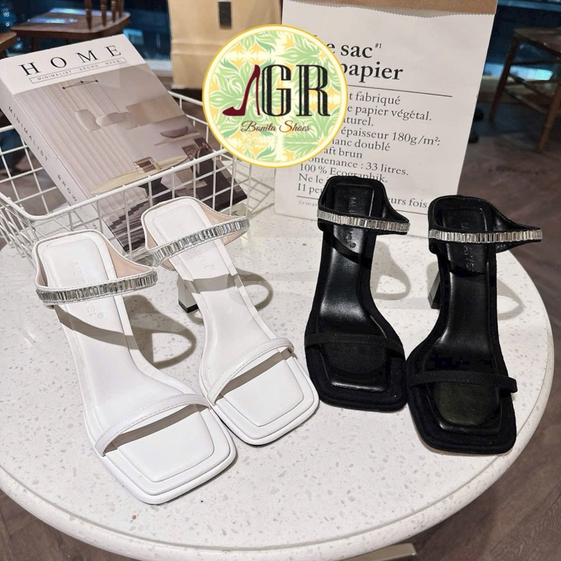 Cao gót 2 quai cắt phối đá xinh xắn gót nhọn cao 9 cm