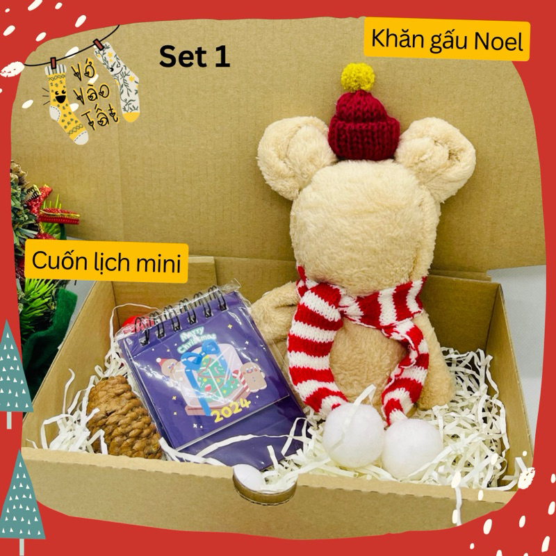 Set quà Giáng sinh gồm KHĂN GẤU NOEL, QUẢ CẦU VỚ, LỊCH MINI - GỒM HỘP KRAFT GIẤY LÓT