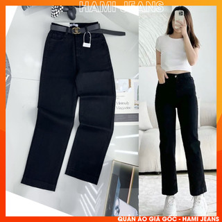 Quần jean đen ống đứng co giãn cạp lưng cao quần bò đen co giãn