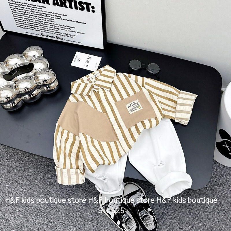 Set bộ sơ mi kẻ quần kaki cho bé trai