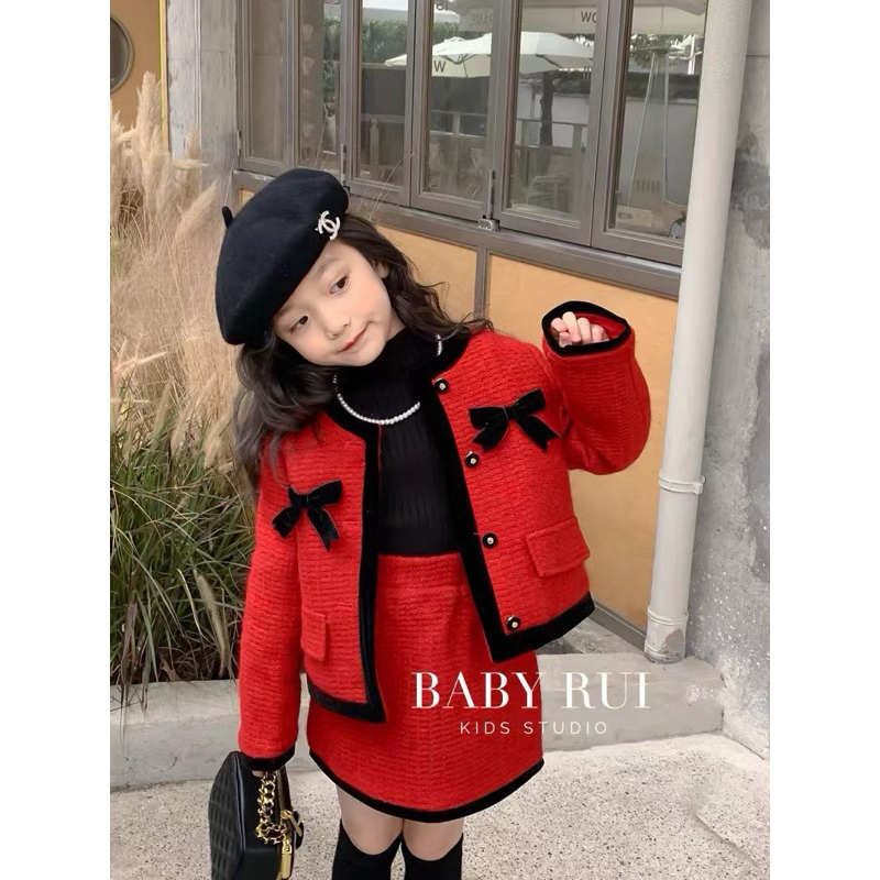 Set Váy dạ đỏ viền nhung đen cao cấp cho bé gái