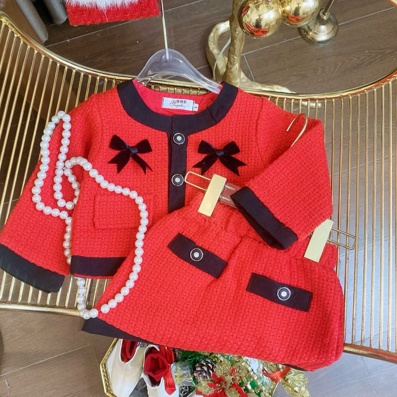 Set Váy dạ đỏ viền nhung đen cao cấp cho bé gái