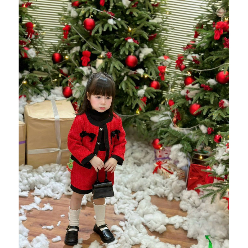 Set Váy dạ đỏ viền nhung đen cao cấp cho bé gái