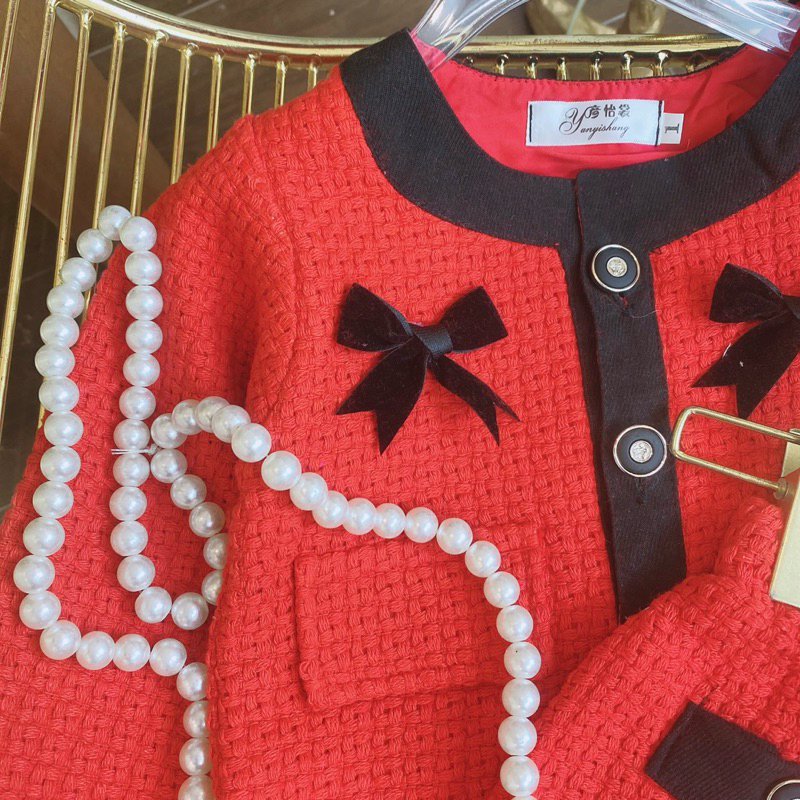 Set Váy dạ đỏ viền nhung đen cao cấp cho bé gái