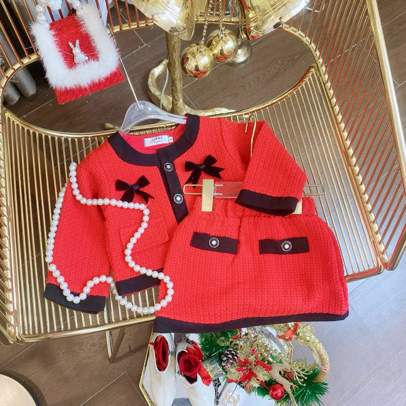 Set Váy dạ đỏ viền nhung đen cao cấp cho bé gái