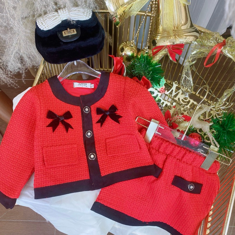 Set Váy dạ đỏ viền nhung đen cao cấp cho bé gái