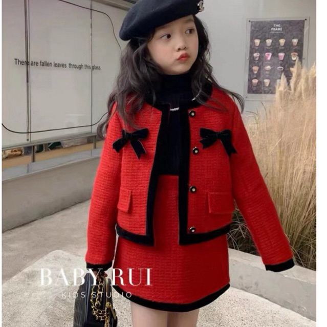 Set Váy dạ đỏ viền nhung đen cao cấp cho bé gái