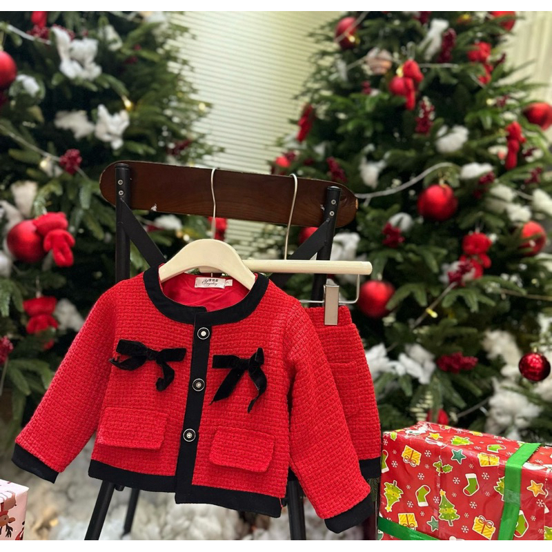 Set Váy dạ đỏ viền nhung đen cao cấp cho bé gái