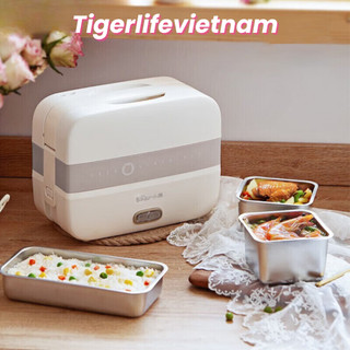 Hộp cơm cắm điện Bear 2 tầng 3 khay inox nấu cơm nấu thức ăn và hâm nóng Tặng túi xách đũa thìa