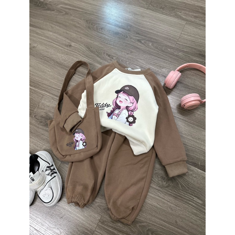 Quần áo bé gái, set bộ nỉ 2 da họa tiết cô gái TẶNG TÚI cho bé 10-30kg