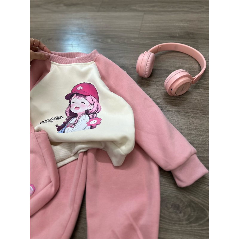Quần áo bé gái, set bộ nỉ 2 da họa tiết cô gái TẶNG TÚI cho bé 10-30kg
