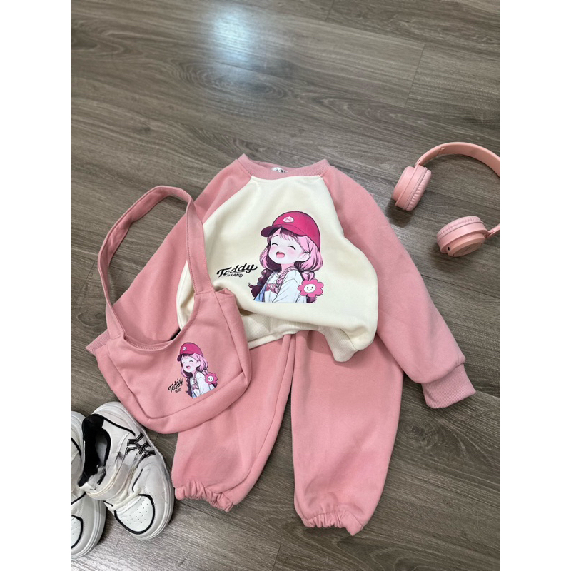 Quần áo bé gái, set bộ nỉ 2 da họa tiết cô gái TẶNG TÚI cho bé 10-30kg