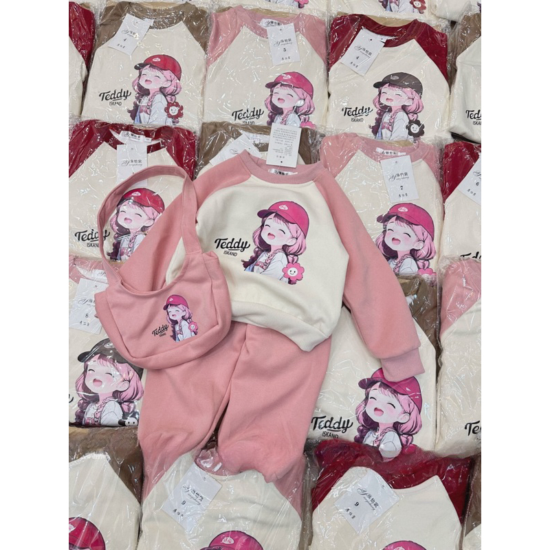 Quần áo bé gái, set bộ nỉ 2 da họa tiết cô gái TẶNG TÚI cho bé 10-30kg