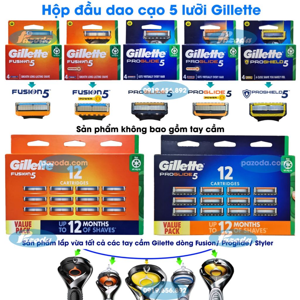 Hộp lưỡi dao cạo râu Gillette 5 lưỡi Fusion5 /Proglide5 /Proshield5 (Không bao gồm tay cầm)