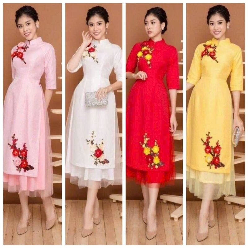 Set áo dài Đũi thêu hoa kèm chân váy lưới 2 lớp lót cực xinh diện Tết cho chị em (ĐẦM THIẾT KẾ ĐỘC QUYỀN NB25👗⭐️💯)