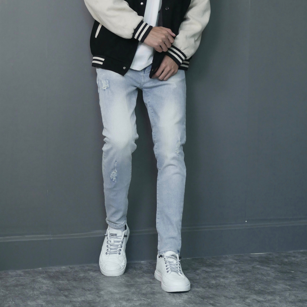 Quần jean nam xước nhẹ màu xanh ghi nhạt co giãn 4 chiều cao cấp chất bò denim dáng ôm slimfit skinny 5678 Pon.mens