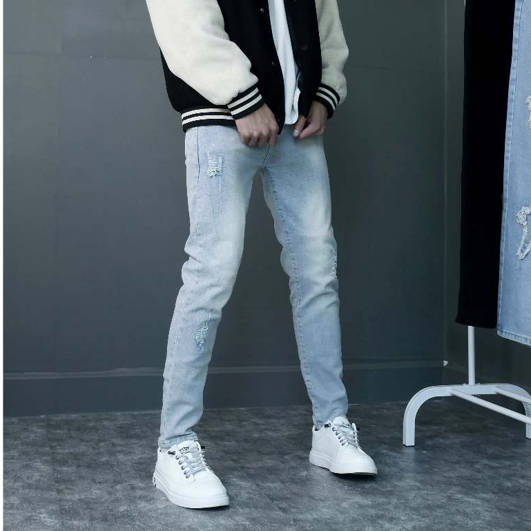 Quần jean nam xước nhẹ màu xanh ghi nhạt co giãn 4 chiều cao cấp chất bò denim dáng ôm slimfit skinny 5678 Pon.mens