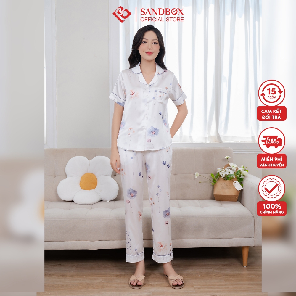 Bộ Pijama SANDBOX chất lụa Satin cao cấp mềm mướt, nhẹ, thiết kế tinh tế, hoạ tiết nhẹ nhàng lịch sự BPC23002