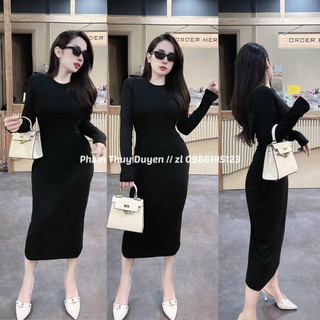 Váy body len tăm tay dài, đầm dáng dài 1m sẻ sau
