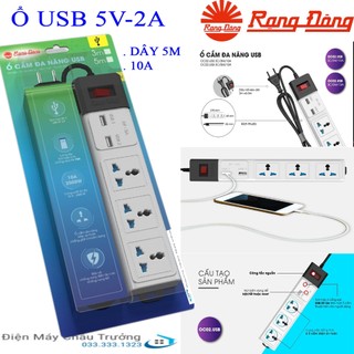 Ổ cắm đa năng Rạng đông,dây dài 5m,2 cổng USB sạc nhanh 5V-2A - Chịu tải 2500W 