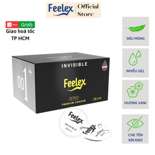Bao cao su Feelex Invisible siêu mỏng, nhiều gel bôi trơn, hương thơm size 52 - Hộp 10bcs