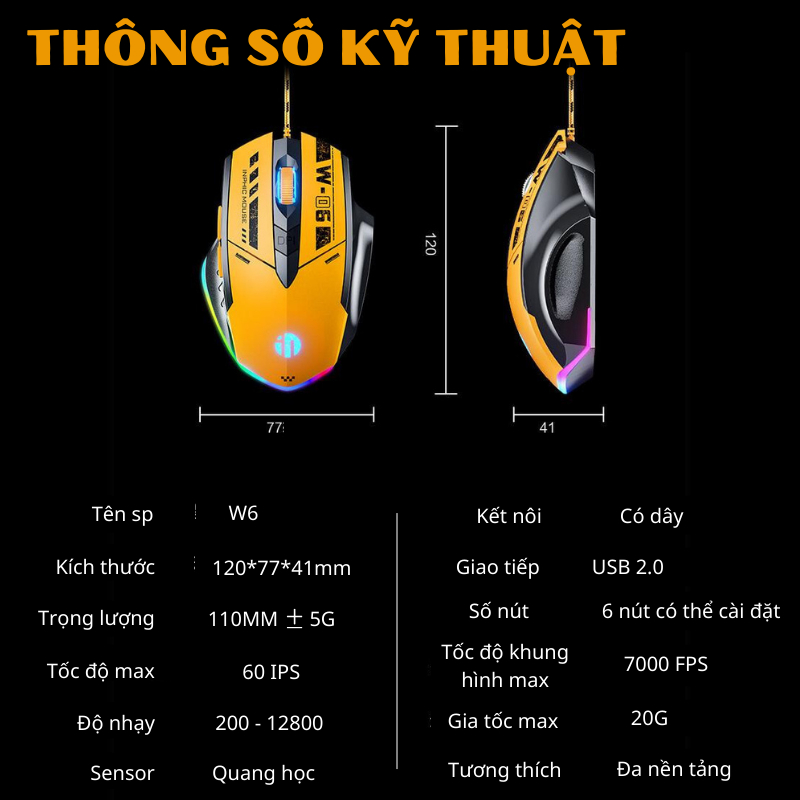 Chuột máy tính gaming chơi game Maxcotech Inphic W6 bản có dây tắt âm silent 12800 DPI Led RGB - Chính hãng