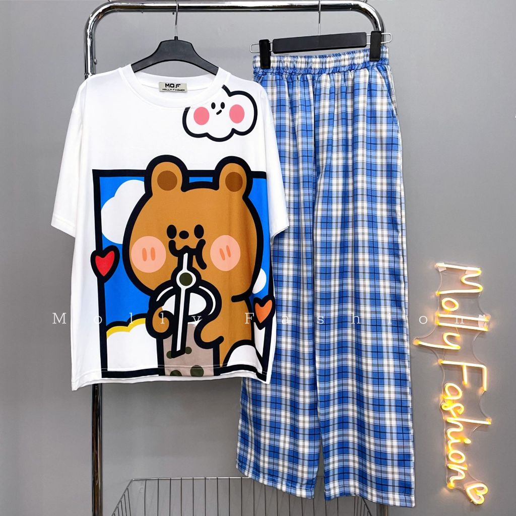 Set đồ nữ quần dài CARO KATE GẤU TRÀ SỮA ❤️ Đồ bộ hoạt hình form rộng Freesize Molly Fashion