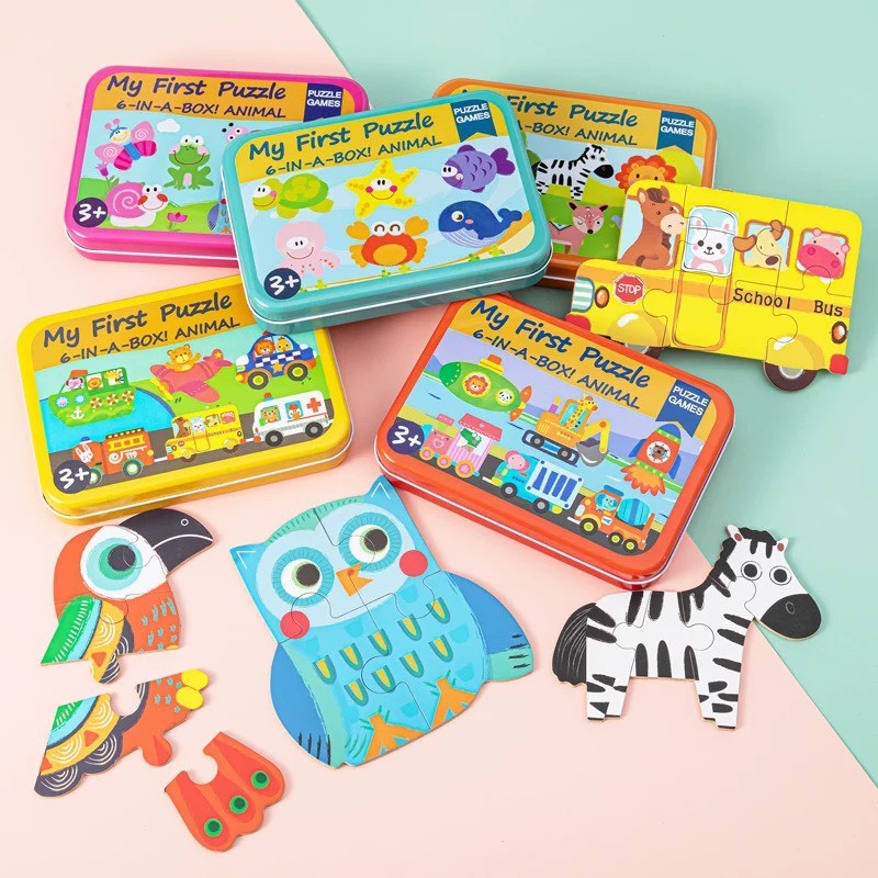 My First Puzzle 6-in-a-box, ghép hình hộp thiếc theo level từ cấp độ dễ tới khó dành cho các bé mới tập làm quen puzzle