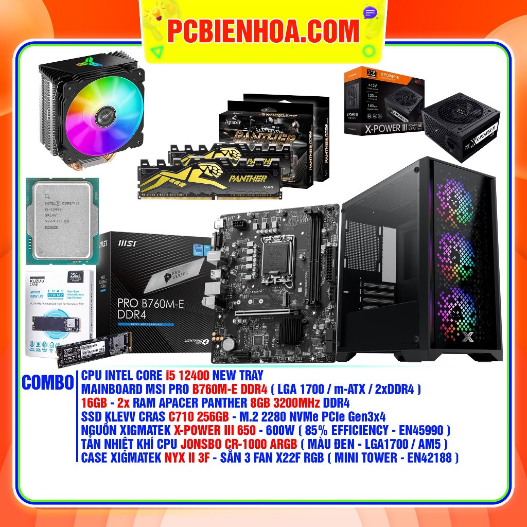 Bộ máy tính I5 12400 B760M 16G 256G 600W- 36T