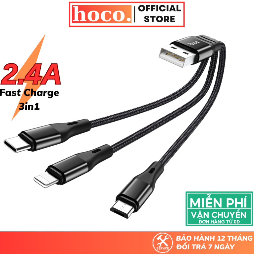Dây sạc đa năng Hoco 3 in 1 Micro, Type-C, lP Hoco sạc 2.4A dành cho các dòng máy lP Android