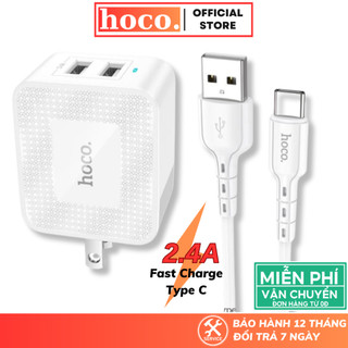 Bộ sạc nhanh 3.4A Hoco chân dẹt 2 cổng Usb kèm dây sạc USB to Type-C dài 1M cho Smartphone