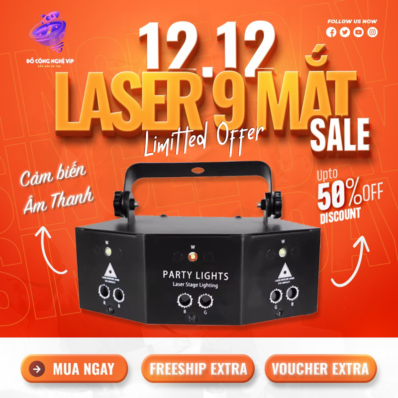 Đèn Laser Sân Khấu 9 Mắt Bay Phòng Cảm Biến Âm Thanh,Nháy Theo Nhạc