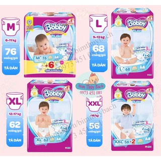 Tã dán bobby size xs72,s56,m76,l68,xl62,xxl56 mẫu mới đệm thun thấm mồ hôi.