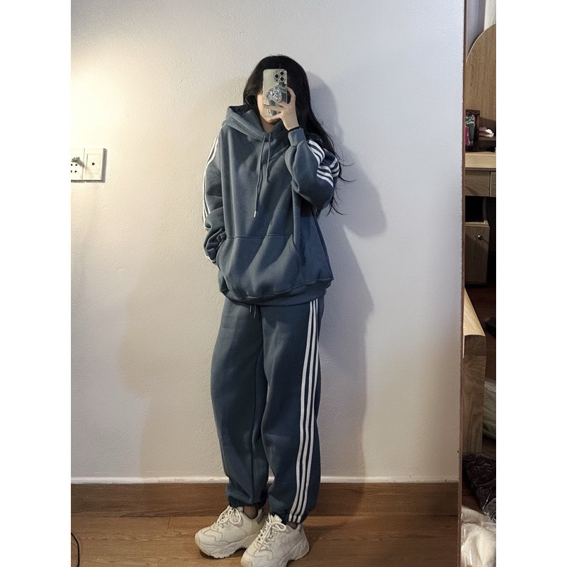 Set Bộ Nỉ 3 Sọc.Bộ Đồ Hoodie zip  Form Rộng , Quần Jogger Ống Bo Chun Phong Cách Hàn Quốc