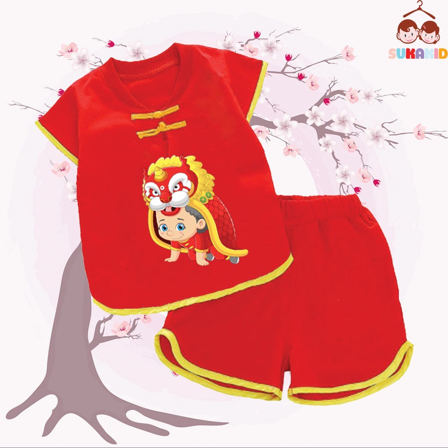 Bộ quần áo tết đồ tết cho bé nút tàu tết xuân hình múa lân cho bé từ 6kg-29kg.NT03. .