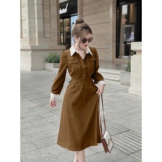 Váy Đầm Sơ Mi Nữ, Đầm Công Sở Tay Dài Rút Dây Eo Cổ Và Tay Phối Màu Siêu Xinh Dáng Xòe Nữ Tính