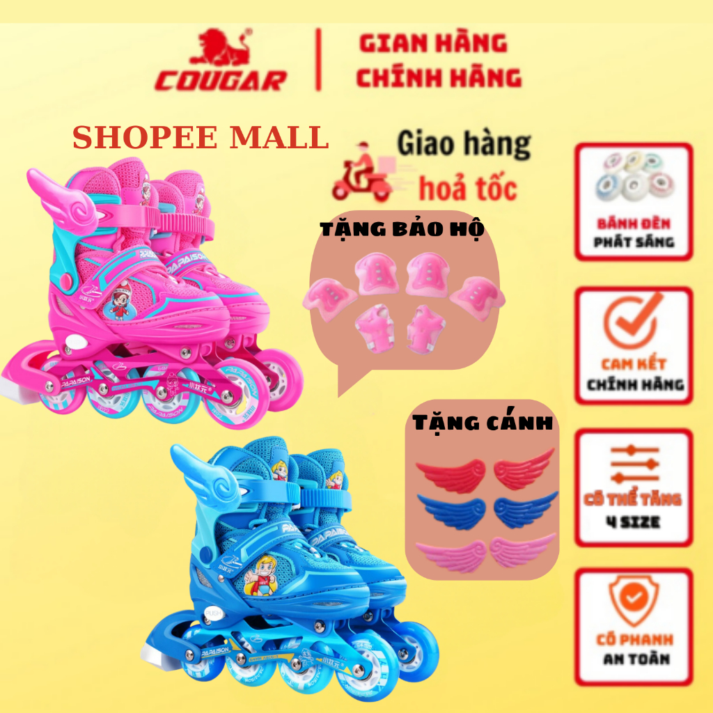 Giày Patin Trẻ Em Cougar-Papaison Kids Cao Cấp Tặng Kèm Cánh, bánh đèn phát sáng, tặng kèm bảo hộ tay chân