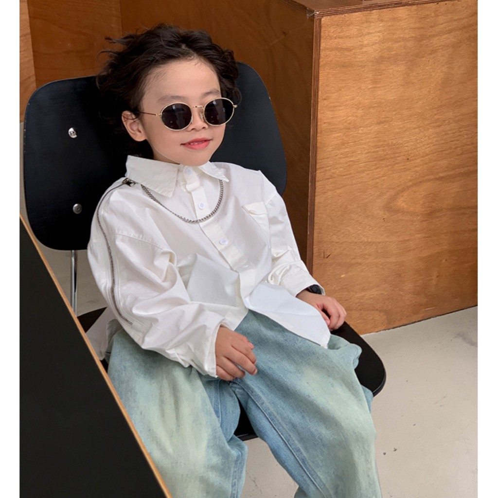 Áo sơ mi dài tay phối khoá 1 bên cho bé trai và bé gái màu đen và trắng phom thường size 90-150