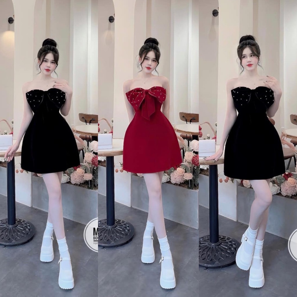 Đầm váy nữ cúp ngực kết nơ đính cườm xòe sang chảnh cho các nàng diện đi chơi Noel, dự tiệc tôn dáng