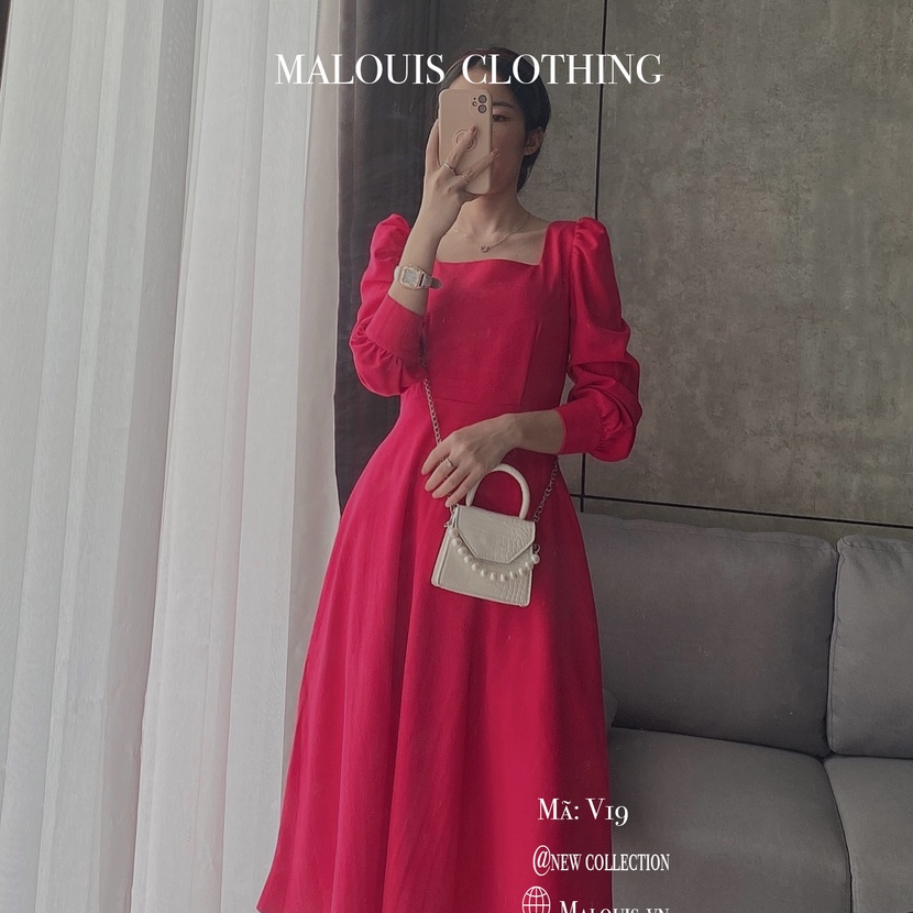 Váy dáng xòe cổ vuông tay dài phong cách tiểu thư vintage - V19 - MALOUIS