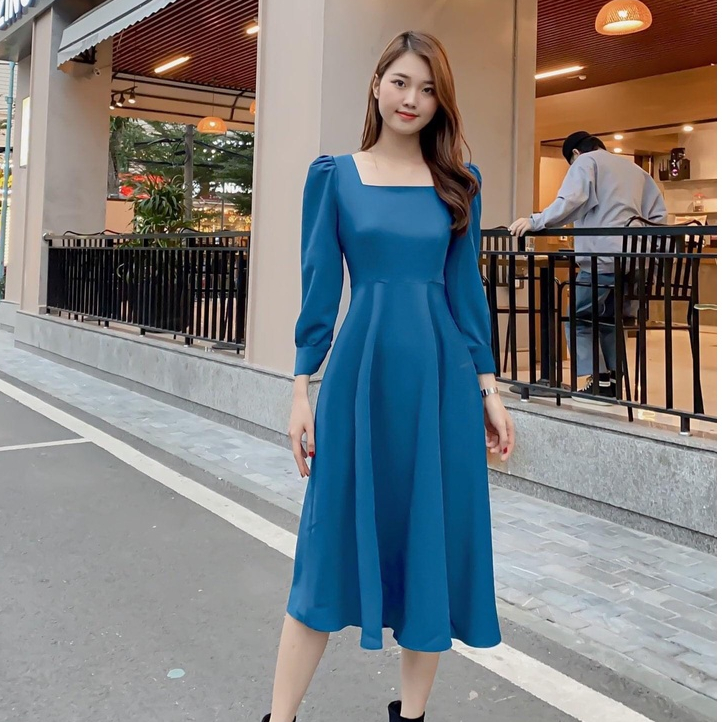 Váy dáng xòe cổ vuông tay dài phong cách tiểu thư vintage - V19 - MALOUIS